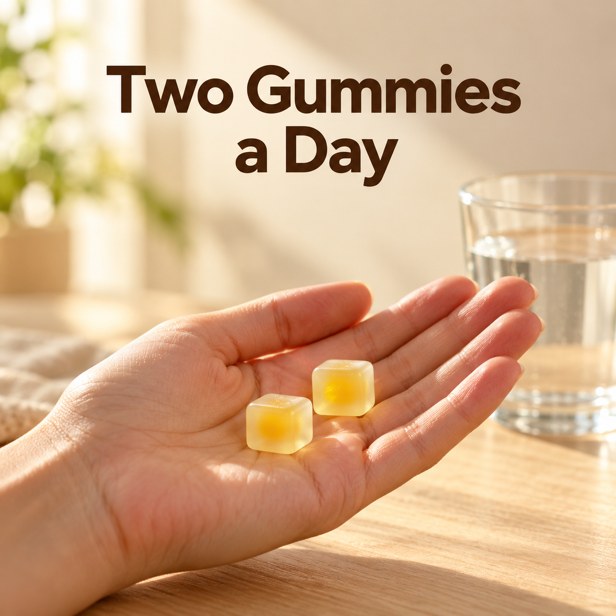 A hand holding one golden-peach Flow gummy
