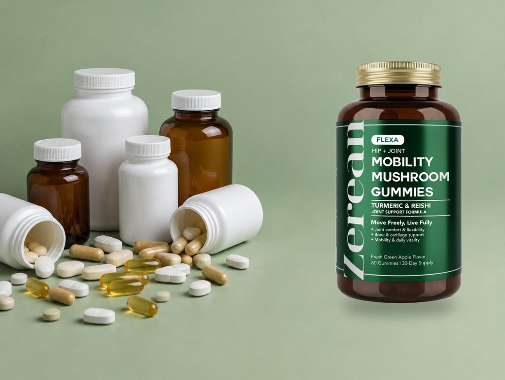 A clutter of supplement bottles and capsules next to one jar of Zerean Flexa