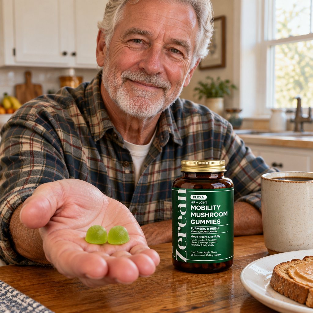 Man at breakfast holding two Flexa gummies, Flexa jar on the table