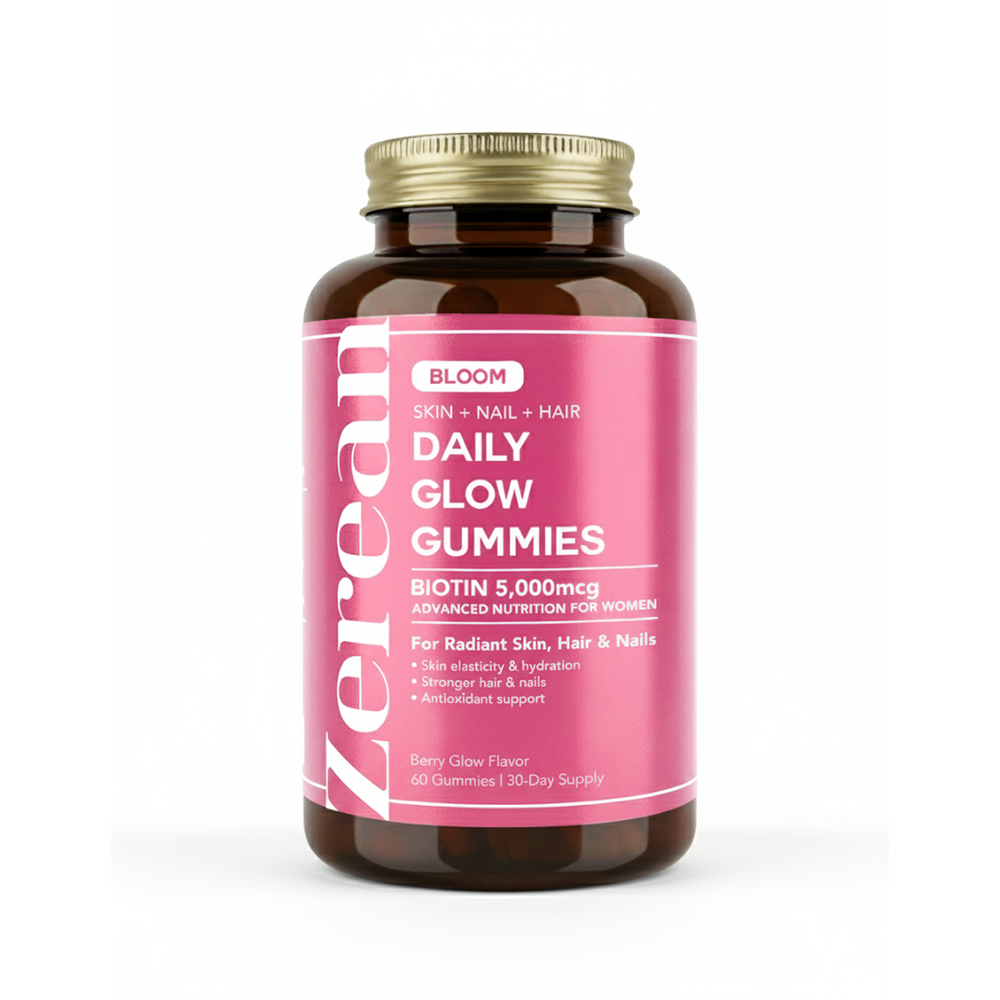 Zerean Bloom Daily Glow Gummies — biotin and botanical blend for healthy skin, hair, and radiant beauty.