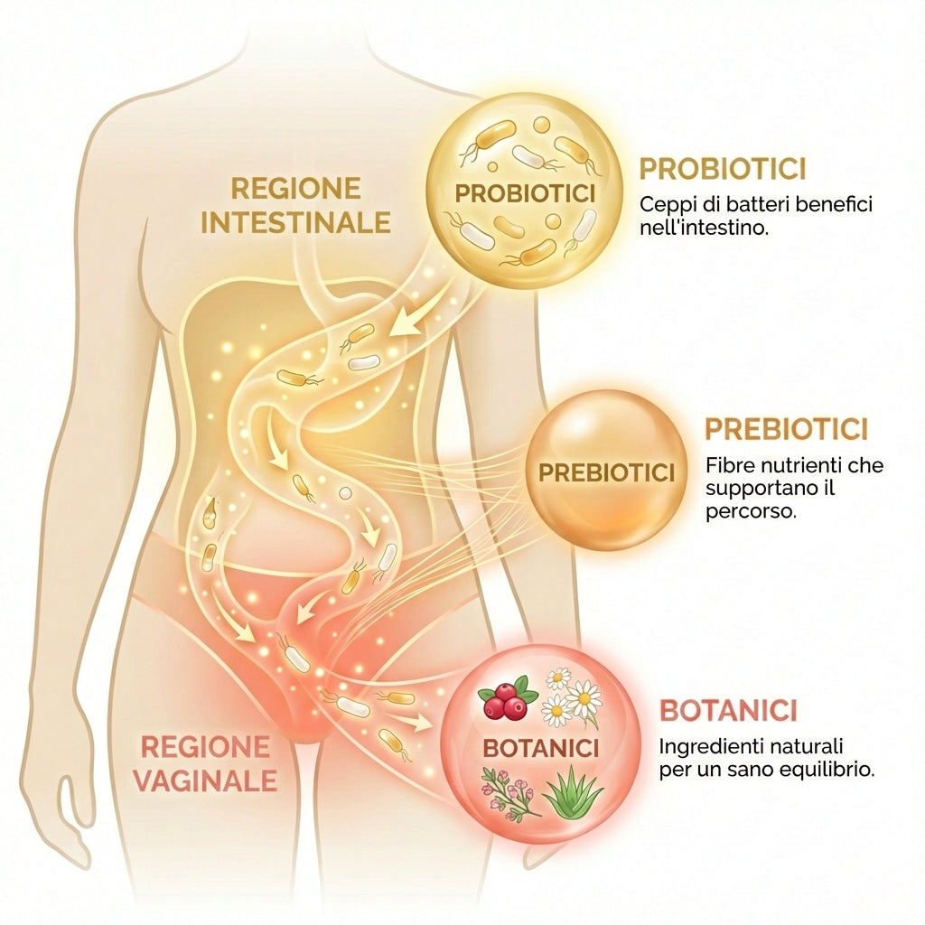 Infografica anatomica educativa in italiano che illustra la connessione tra sistema intestinale e salute vaginale. Una silhouette femminile mostra il percorso dal tratto digestivo (Regione Intestinale) alla zona pelvica (Regione Vaginale) con frecce che indicano il flusso dei batteri benefici. Tre sfere rappresentano i componenti chiave: Probiotici (sfera dorata con batteri, descritti come "Ceppi di batteri benefici nell'intestino"), Prebiotici (sfera ambrata, descritti come "Fibre nutrienti che supportano 
