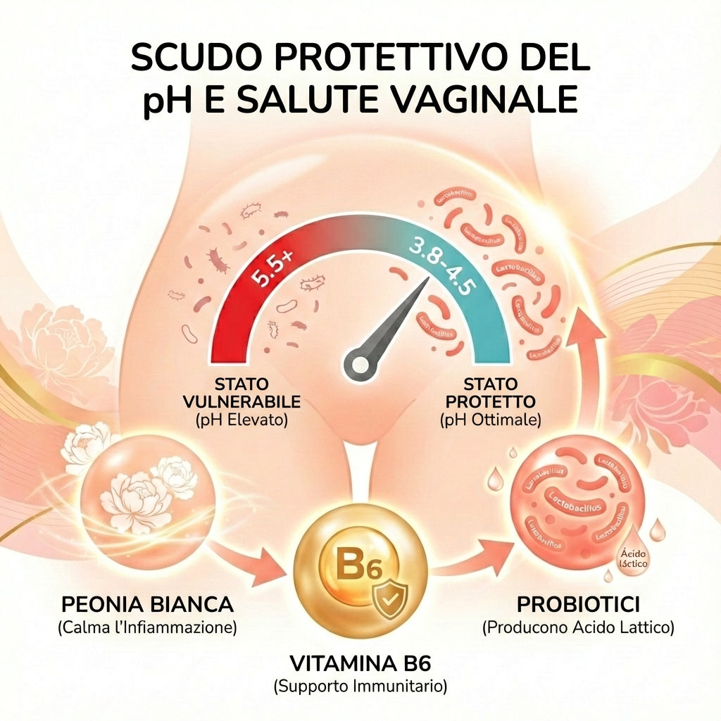 Infografica educativa in italiano intitolata "Scudo Protettivo del pH e Salute Vaginale" che illustra l'equilibrio del pH vaginale. Un indicatore a semicerchio mostra due stati: Stato Vulnerabile (pH Elevato 5.5+, zona rossa con batteri nocivi) e Stato Protetto (pH Ottimale 3.8-4.5, zona turchese con Lactobacillus benefici). L'ago indica la zona ottimale. Sotto, tre ingredienti chiave sono mostrati: Peonia Bianca (calma l'infiammazione), Vitamina B6 con icona scudo (supporto immunitario), e Probiotici (prod